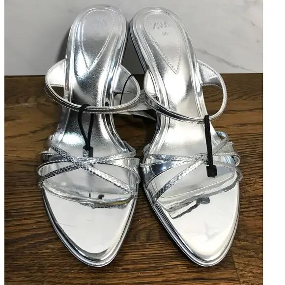 Zara Silver Metallic Strappy Slip On Heels US 7.5 / EUR 38 - Picture 4 of 14